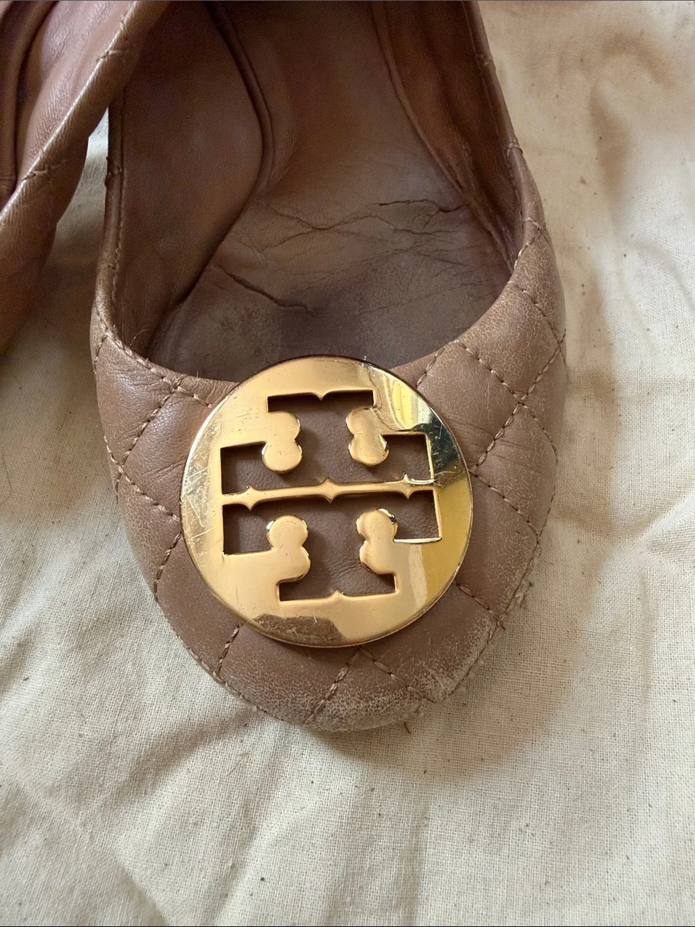Tory Burch Tan Quilted Logo Cap-Toe Flats